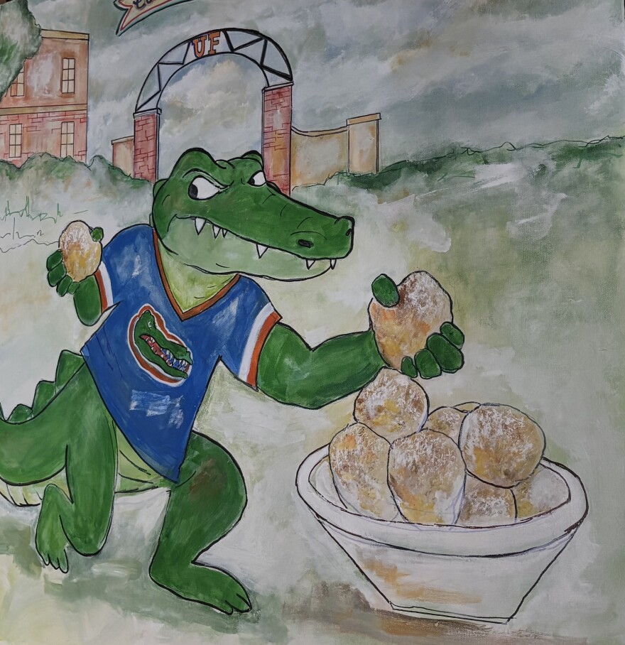 A mural by Molly Brady is displayed inside Piesanos Stone Fired Pizza in Gainesville on West University Avenue. (??????/WUFT News)