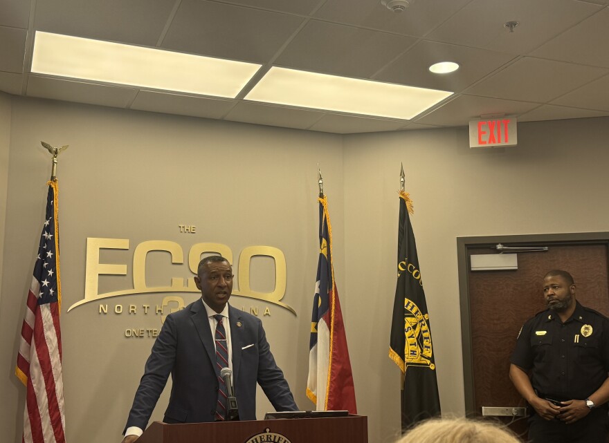 A photo of Forsyth Sheriff Bobby Kimbrough speaking at a recent press conference.