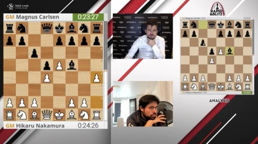  Magnus Carlsen played Hikaru Nakamura in the virtual version of the 2020 St. Louis Rapid and Blitz.