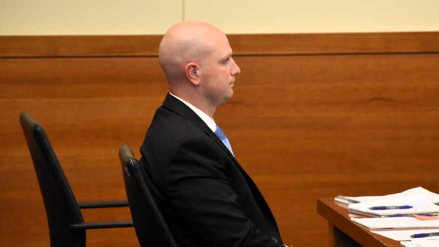 Blendon Township Police Officer Connor Grubb looks on as testimony continues at his trial on Nov. 12, 2025. Grubb is accused of murdering 21-year-old Ta'Kiya Young and her unborn child in Aug. 2023.
