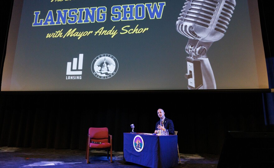 Lansing Mayor Andy Schor delivers his State of the City Address at Dart Auditorium in Lansing, Mich., on March 18, 2026. Rather than giving a traditional speech, Schor sat behind a talk show style desk and invited city staff to provide updates on their departments' achievements from the past year.