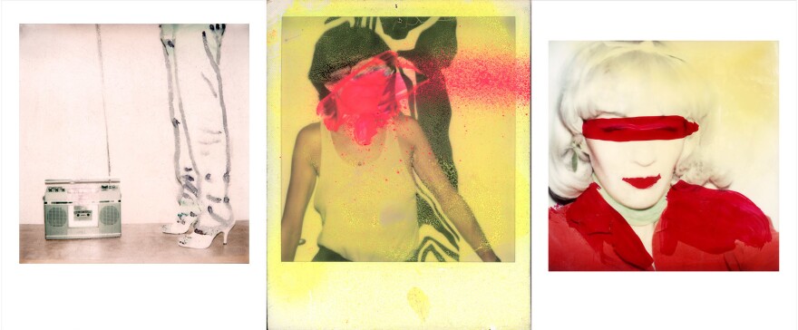 "Beyond the Streets" features blown-up prints of Maripol's Polaroids, some of which she has scratched and marked up to create new works of art. (Pictured, left to right: <em>Boombox with Legs</em>, 1978;<em> DayGlo Splash</em>, 1978; <em>Self Portrait Little Red Riding</em>, 1980)