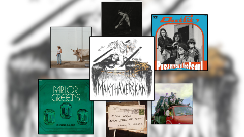 A collage of sqaures with artwork for 3 albums and 4 singles over a blurry black and white background. In the middle and largest square is black and white artwork of a woman with long hair. In a smaller square to the left is a green background with three emeralds. To the right is a blue and red frame of four people in black and white. In even smaller squares are the front of a post card, a group of musicians in a truck bed, a woman and a longhorned cow,  and a woman kneeling against a black backdrop.