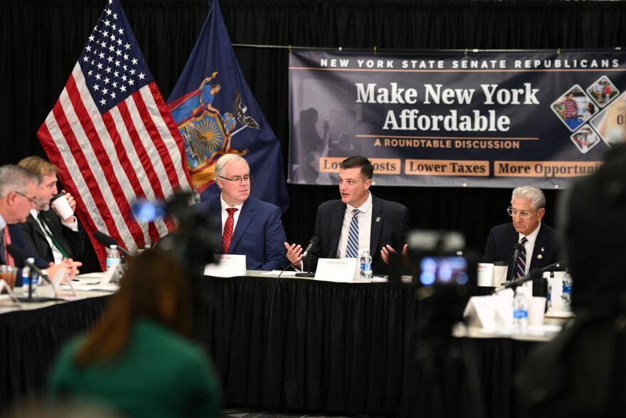Republican Sen. Jake Ashby speaks during Nov. 21, 2025 roundtable joined by GOP colleagues Sens. Dan Stec (left) and Jim Tedisco (right). Ashby is facing a challenge from Democrat and state historian Devin Lander in New York's 43rd District covering Rensselaer County as well as parts of Albany and Washington counties.