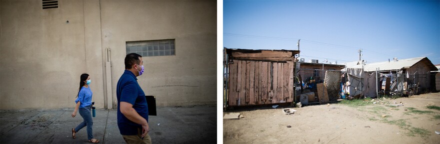 Left: Communicable disease specialists Yang (left) and Hou Vang walk to the Fresno County Department of Public Health in Fresno. Right: In Huron, Yang looked for Angelica near a former homeless encampment where she used to live.