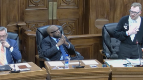 Ward 1 Councilmember Fran Wilson (right) addresses council members after being sworn in Dec. 1, 2025.