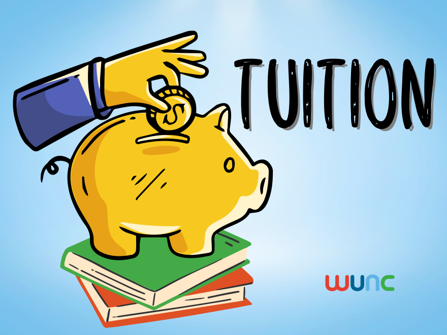 Graphic of a hand putting a coin into a gold piggy bank standing on a stack of books. The word "TUITION" is at the top and the WUNC logo is in the bottom right corner.