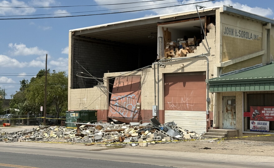 Storm damage at San Pedro Avenue and Cypress Street, where high winds tore away part of a building’s exterior wall during Friday night’s severe storms.