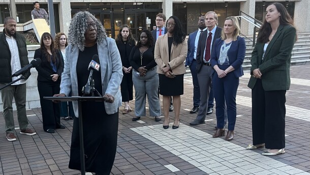 North Carolina NAACP President Deborah Dicks Maxwell speaks in front of the Hiram Ward Federal Building in Winston-Salem