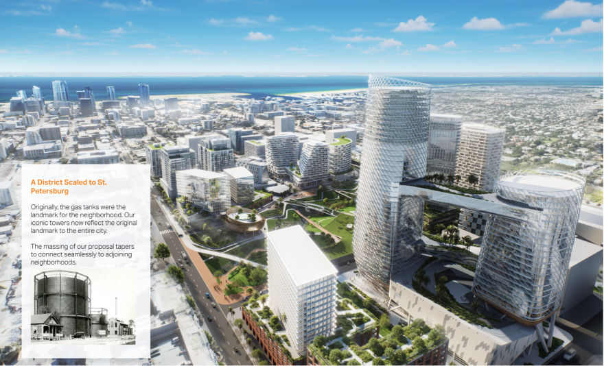 Artist's rendering of tall buildings as seen from the air