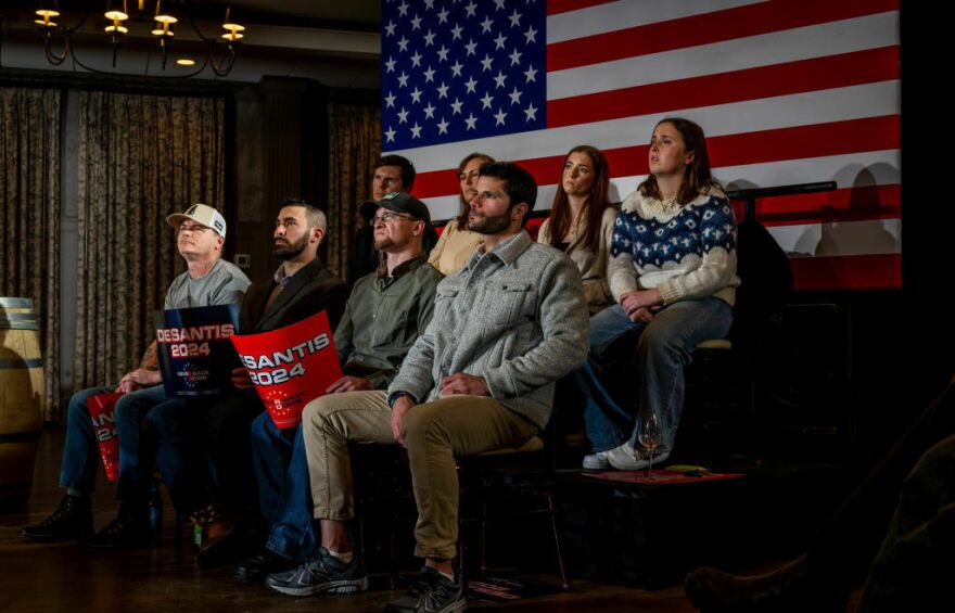 Attendees listen to Republican presidential candidate Florida Gov. Ron DeSantis speak at LaBelle Winery on Wednesday in Rockingham County, N.H.