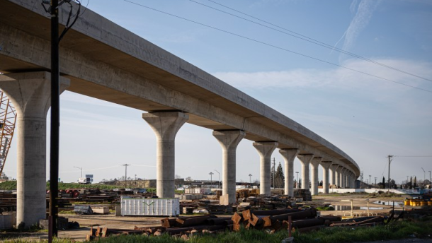 Construction on the high-speed rail project above Highway 99 in south Fresno on March 3, 2023.