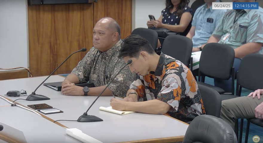 Public Utilities Commission Chair Leo Asuncion, left, answers questions from Sen. Jarrett Keohokalole about whether he has ties to HECO executives or employees at a legislative briefing on Tuesday, June 24.