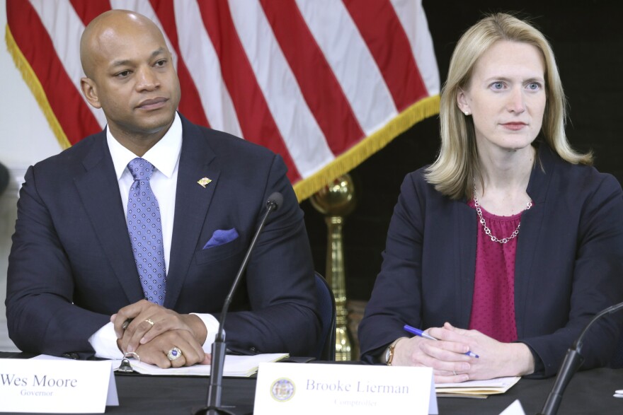 FILE - Maryland Gov. Wes Moore and Comptroller Brooke Lierman listen during a panel discussion with business owners on Monday, Feb. 27, 2023 in Annapolis, Md. A Maryland board Wednesday, June 7, 2023, has approved an emergency procurement of more than $1 million to pay for a stockpile of a widely used abortion pill due to legal challenges against the drug’s use in the nation’s courts. (AP Photo/Brian Witte, File)