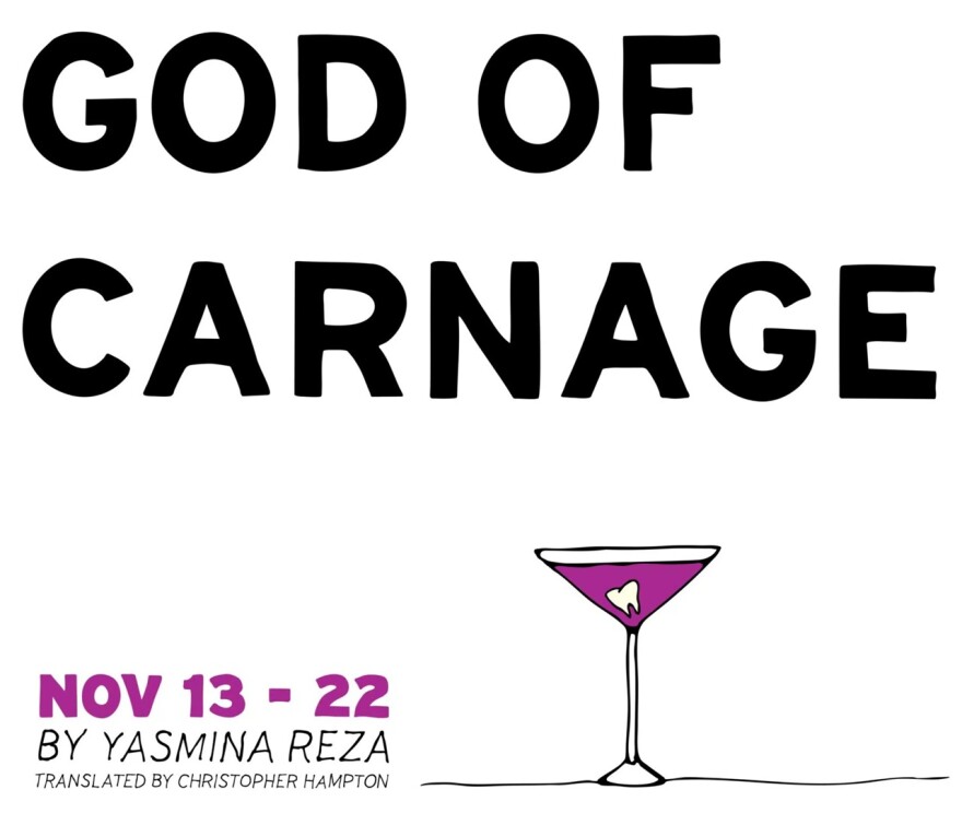 Poster for "God of Carnage"; illustrated martini glass with a tooth in the liquid