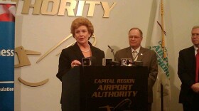 U.S. Senator Debbie Stabenow (D-MI) speaks at a recent news conference at Capital Region International Airport