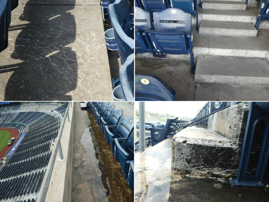 A collage of four different pictures shows concrete cracking and in poor condition over different areas of Kauffman Stadium.