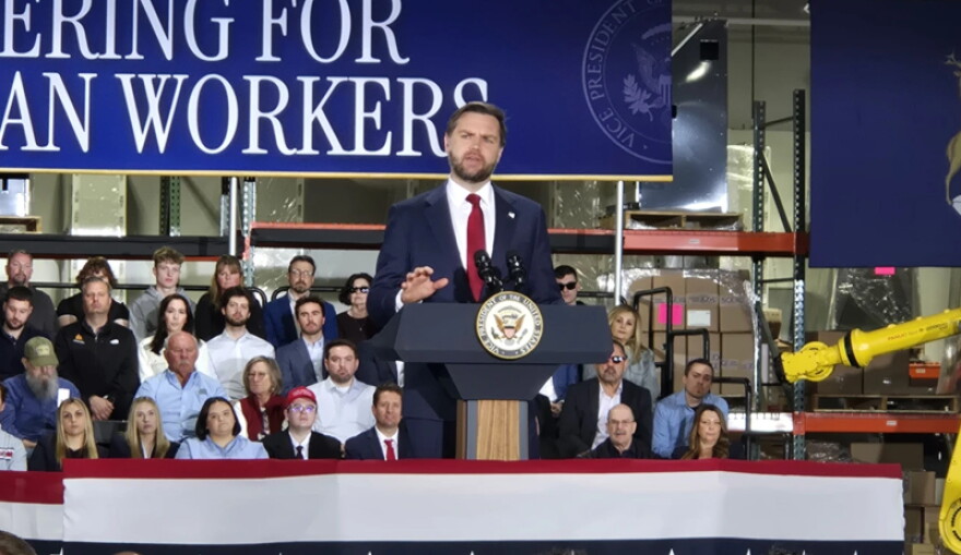 File: Vice President JD Vance speaks at an event at a robotics manufacturing facility in Auburn Hills on March 18, 2026.