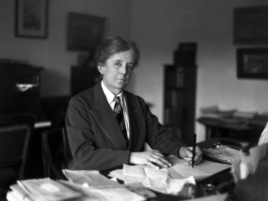 Dame Ethel Mary Smyth at her desk, photographed ca. 1925.