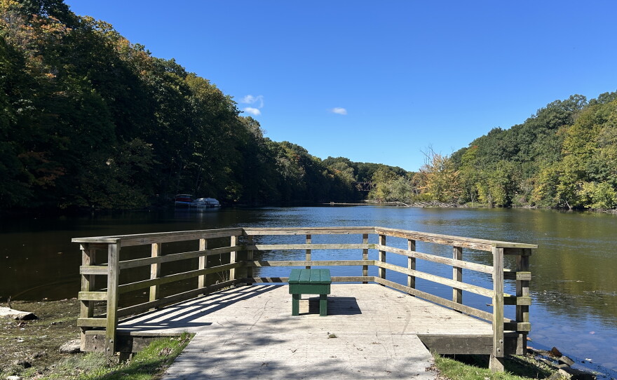 A fenced-off bench overlooking water