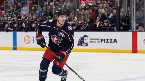 FILE - Columbus Blue Jackets' Zach Werenski plays against the Los Angeles Kings during an NHL hockey game, March 9, 2026, in Columbus, Ohio.