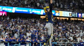 Milwaukee Brewers catcher William Contreras celebrates the final out of Game 4 of baseball's National League Championship Series between the Milwaukee Brewers and the Los Angeles Dodgers, Thursday, Oct. 15, 2026, in Los Angeles. (Ashley Landis/AP)