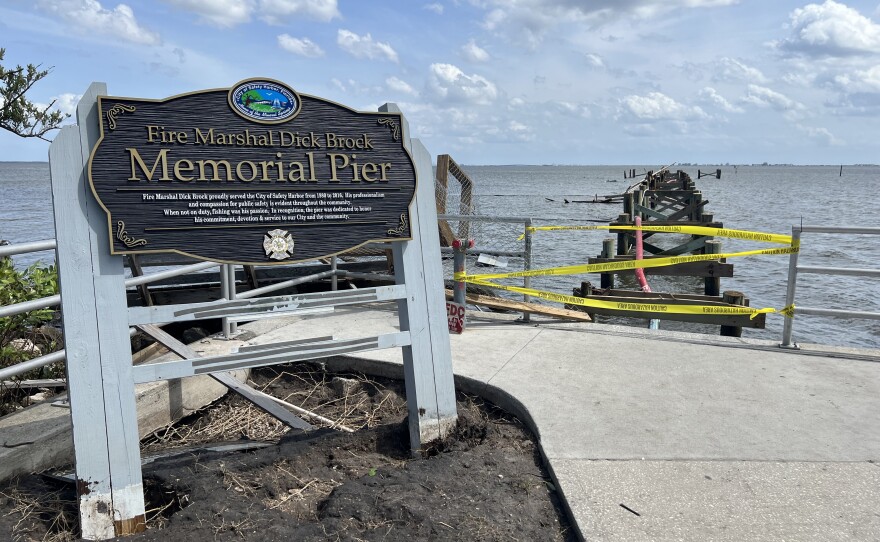 The after-effects of Hurricane Helene in Safety Harbor, including the pier at Safety Harbor Waterfront Park, which was destroyed.