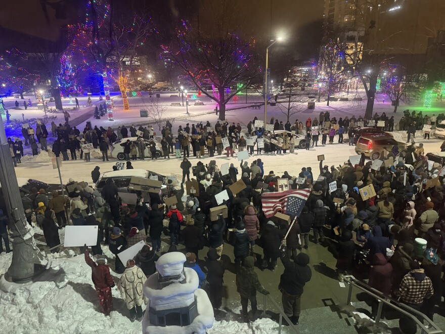 People stand on either side of W South Street in front of the steps of Kalamazoo City Hall and Bronson Park. Some protestors wave upside-down American Flags, while many hold signs with messages against ICE.