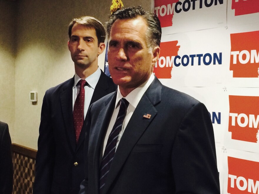 Former Republican Presidential Nominee Mitt Romney with then-U.S. Rep. Tom Cotton (R-AR) during his successful run for U.S. Senate.