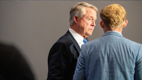 U.S. Sen. Roger Marshall prepares to speak to a group of Kansas business leaders on Aug. 27, 2026, in Olathe.