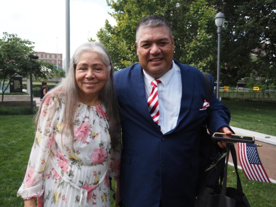 Jose Benavides (right) poses for a photo with his mother after becoming a naturalized citizen on Thursday, July 2, 2026.