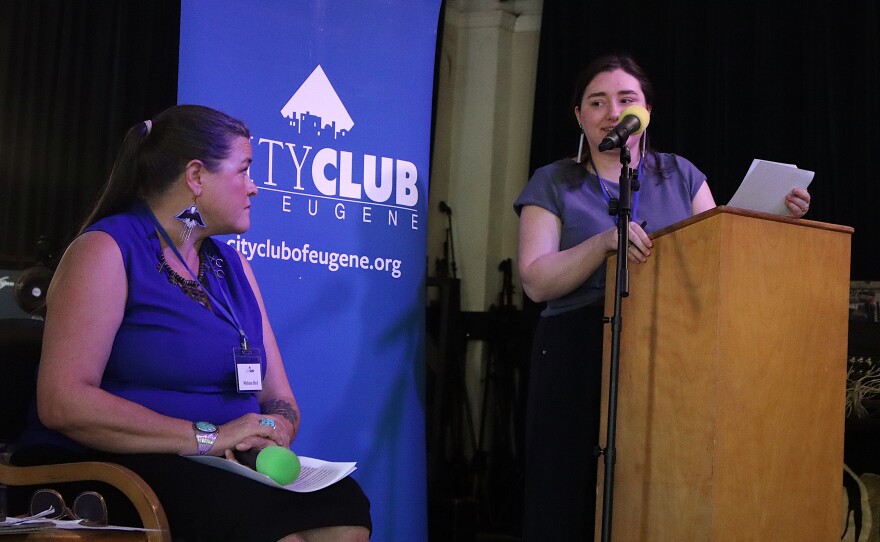 Candidate Melissa Bird (left) and KLCC reporter Rebecca Hansen-White (right) at City Club of Eugene, April 17, 2026.