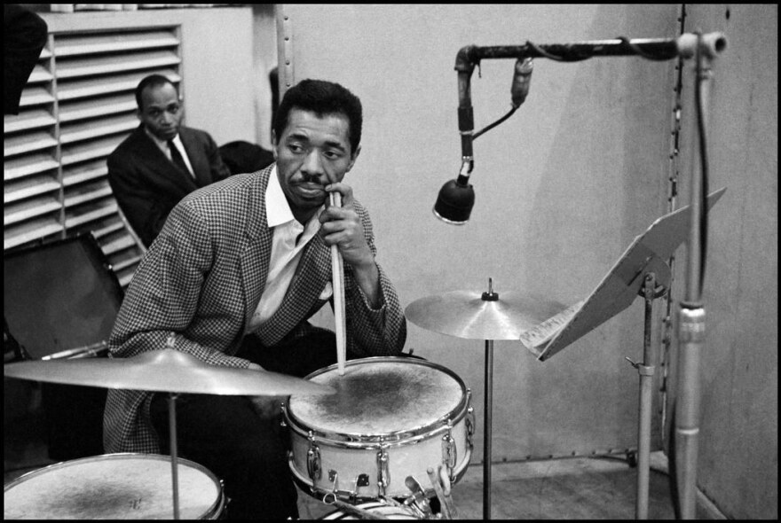 Philly Joe Jones at the drums during a 1958 recording session for Columbia Records.