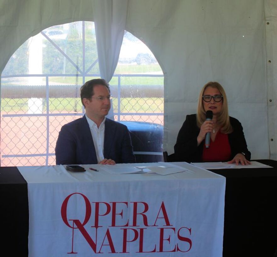 Nicoletta Pavarotti seated with Opera Naples Artistic and Music Director Ramon Tebar at Festival Under the Stars press conference.
