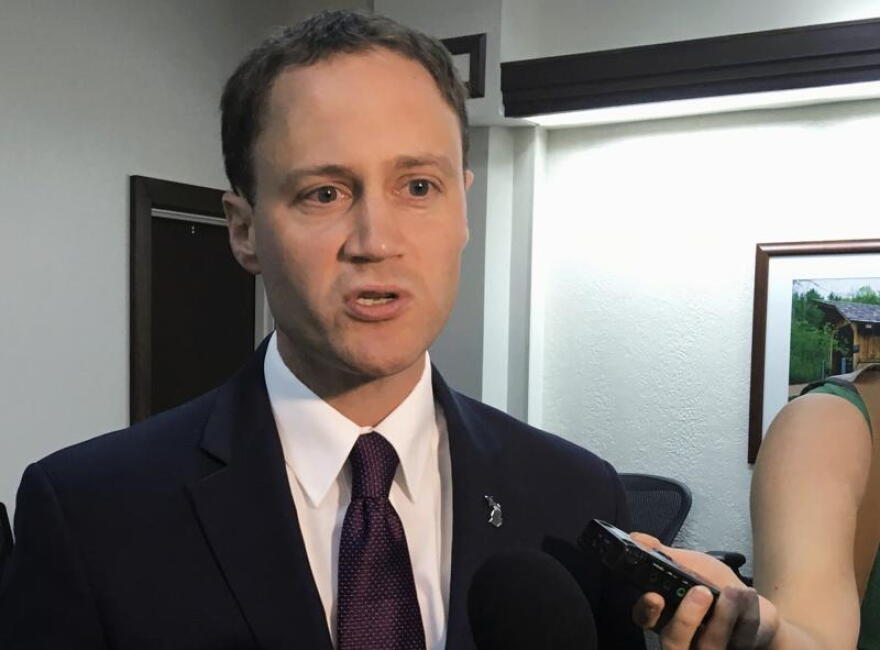 Republican attorney general candidate Tom Leonard speaks with reporters in Lansing, Mich. Former legislative leader Leonard announced his candidacy for Michigan attorney general on Friday, Sept. 24, 2021, again seeking the Republican nomination he won in 2018 before losing to Democrat Dana Nessel in the general election