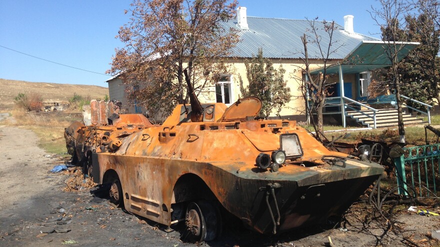 A burned-out Ukrainian armored vehicle in the village of Novokaterinovka, site of a major battle at the end of August.