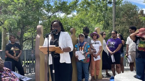 Rev. Rose Marie Pete of the North Star AME Zion Church in Newington spoke of Juneteenth's connection to "pain and perserverance . . . bondage and breakthrough" at a celebration at the African Burying Ground Memorial in Portsmouth, June 19, 2026.