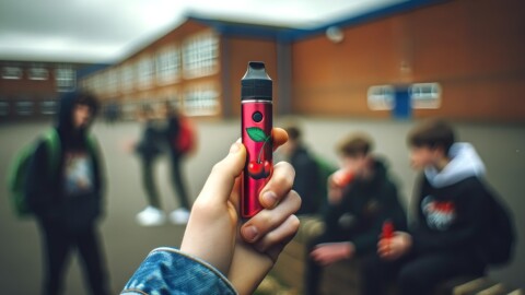 someone in a jeans jacket holds a vape pen with a blurred school background of benches and kids 