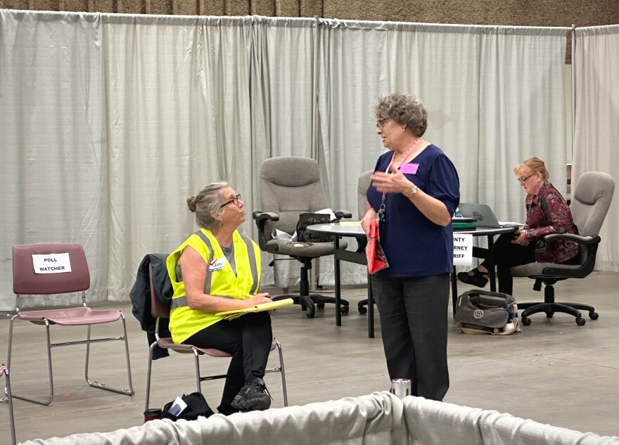 Election Protection Committee member and former county commissioner Jane Weber (left) and Clerk and Recorder Sandra Merchant (right) at a Cascade County polling place in Great Falls, MT, June 6, 2023.