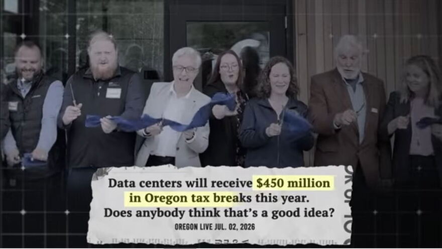 screenshot of tv ad with people at ribbon cutting with text over screen