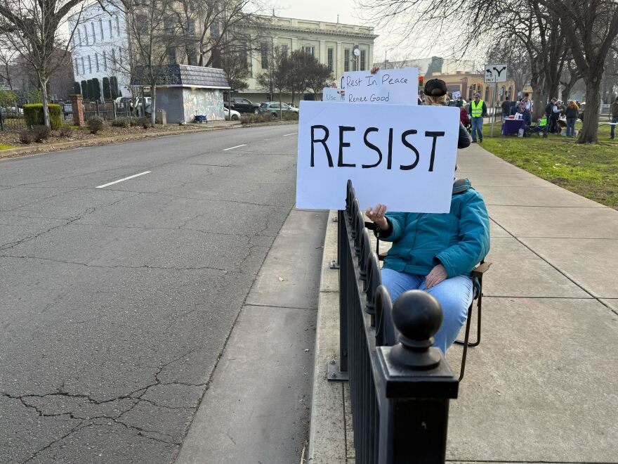 Demonstrators gathered to rally against President Donald Trump and federal immigration authorities as part of nationwide “ICE Out For Good” protests on Friday Jan. 23, 2026, in downtown Chico.
