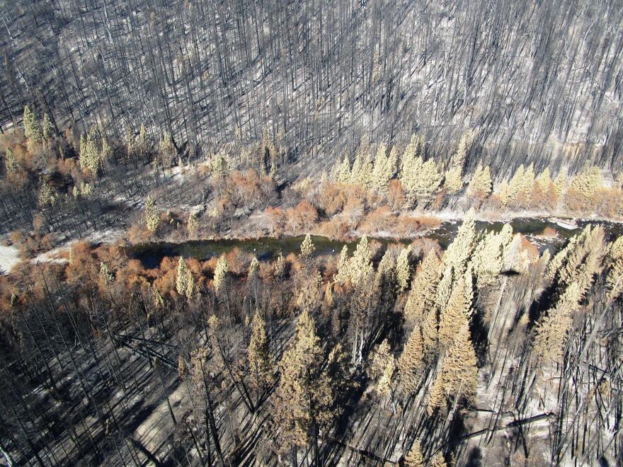 The Rubicon River flows through the King Fire burn area. Steep slopes and burned ground make the area mudslide-prone.