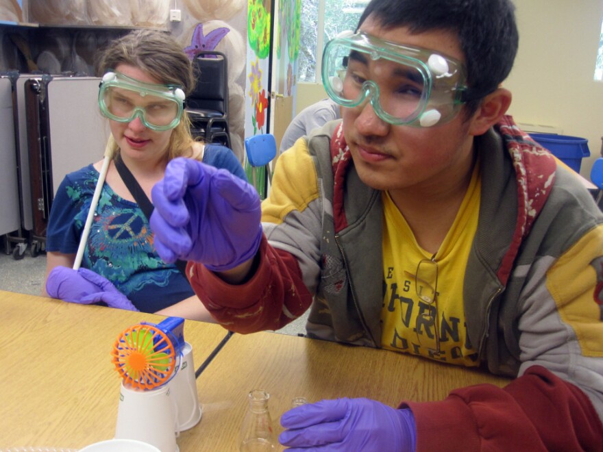Campers Mary Church and Jimmy Cong use their sense of smell to detect whether a chemical reaction has taken place.
