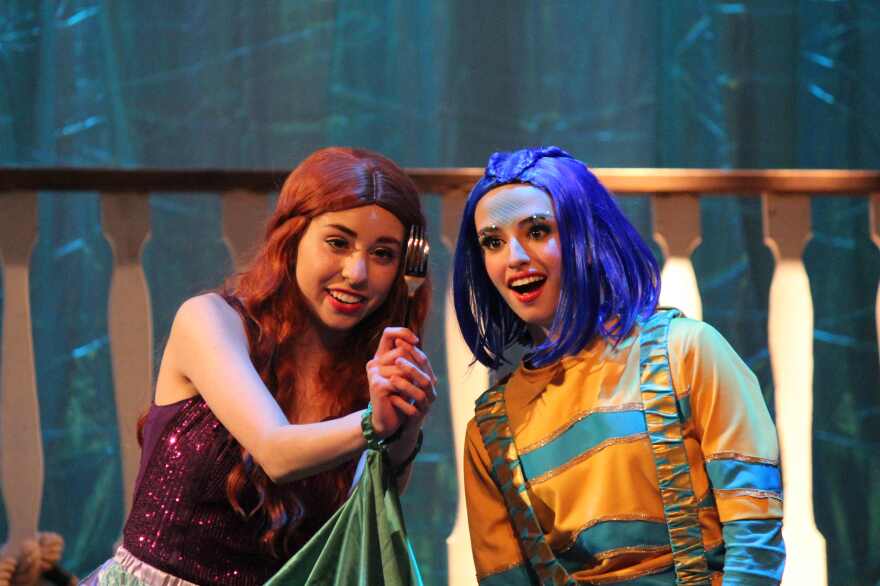 Katt Torres and Isa Scala as Ariel and her bestie, Flounder, in scene from Bishop Verot High's production of 'The Little Mermaid.'