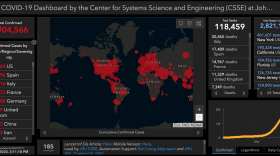 The interactive, Web-based COVID-19 dashboard created by Johns Hopkins University in Baltimore, as seen on Monday at 3:11 p.m. ET.