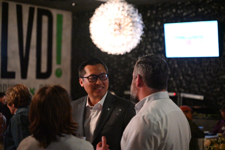 California State Assemblymember Vince Fong talks with voters at a Bakersfield, California, watch party for a special election held on Tuesday March 19, 2024.