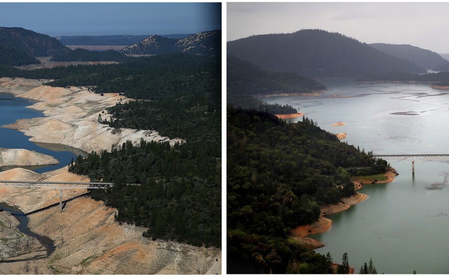 The Enterprise Bridge in Oroville, during severe drought in 2014 (left) and this April, during the week that the majority of the state's drought emergency is due to be lifted.