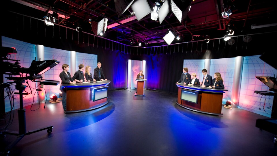 On set at a taping of As Schools Match Wits at Westfield State University, November, 2012.