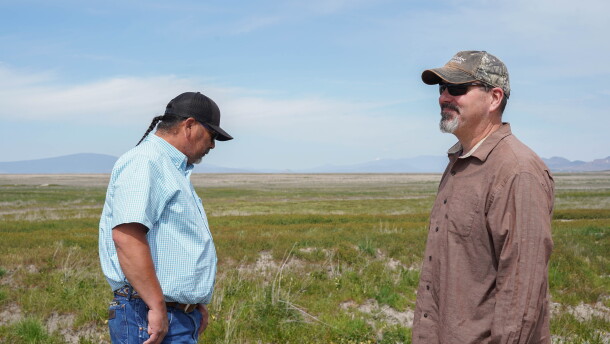 Ken Sandusky and Brian Herbert stand on land that is part of the Modoc Nation of Oklahoma's Homelands Program in Siskiyou County on April 30, 2026.