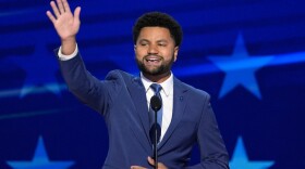 Rep. Maxwell Frost, D-Fla., is shown speaking during the Democratic National Convention in Chicago in August 2024. 